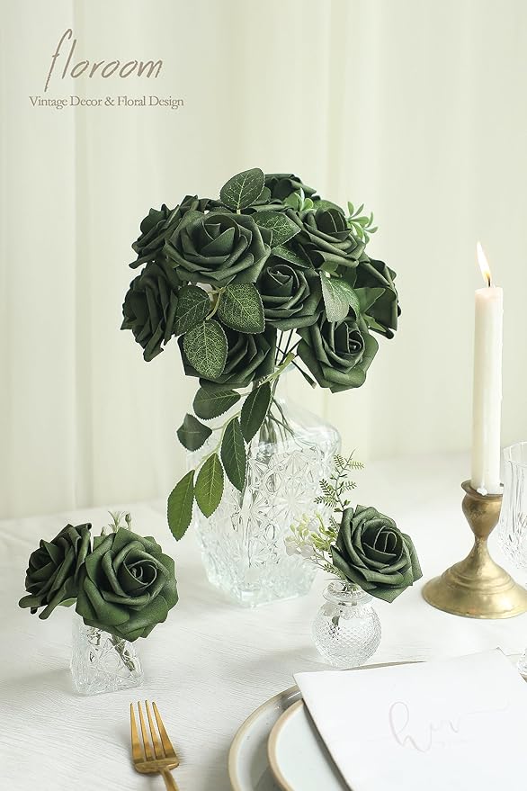 Floroom Artificial Flowers 25pcs Real Looking Emerald Green Foam Fake Roses - Image 2