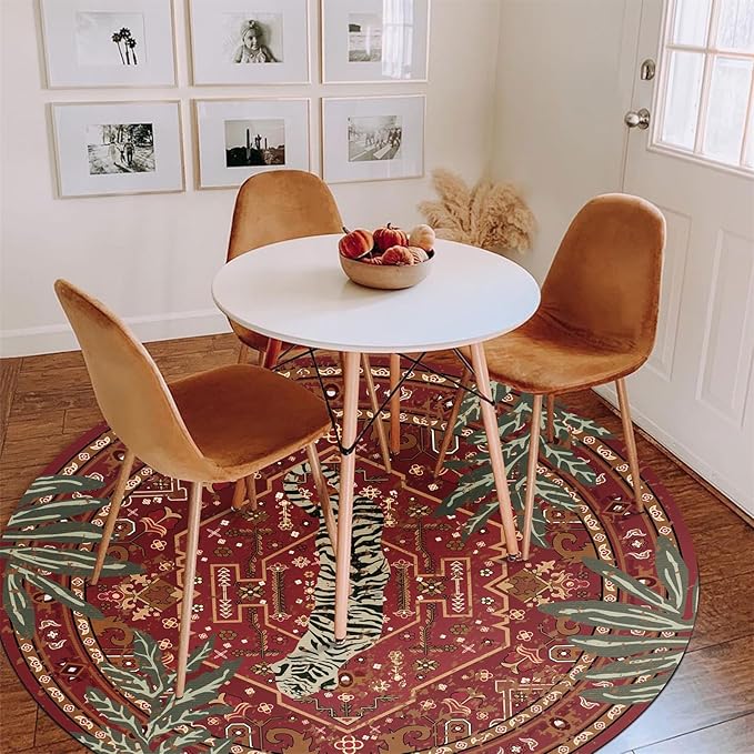 Tribal Rugs Summer Tropical 4ft Round Area Rugs Wine Red Traditional Boho - Image 3