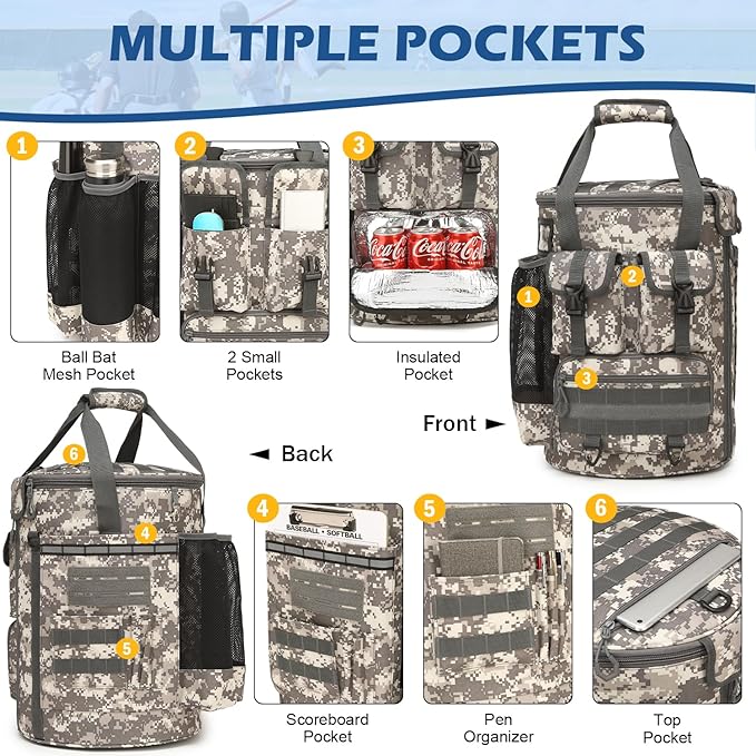 Baseball Bucket Bag - Baseball Coaching Accessories Organizer, Softball Bucket Bag with Insulation Pocket, Anti-Slip Bottom for Bat, Gloves, Scoreboards