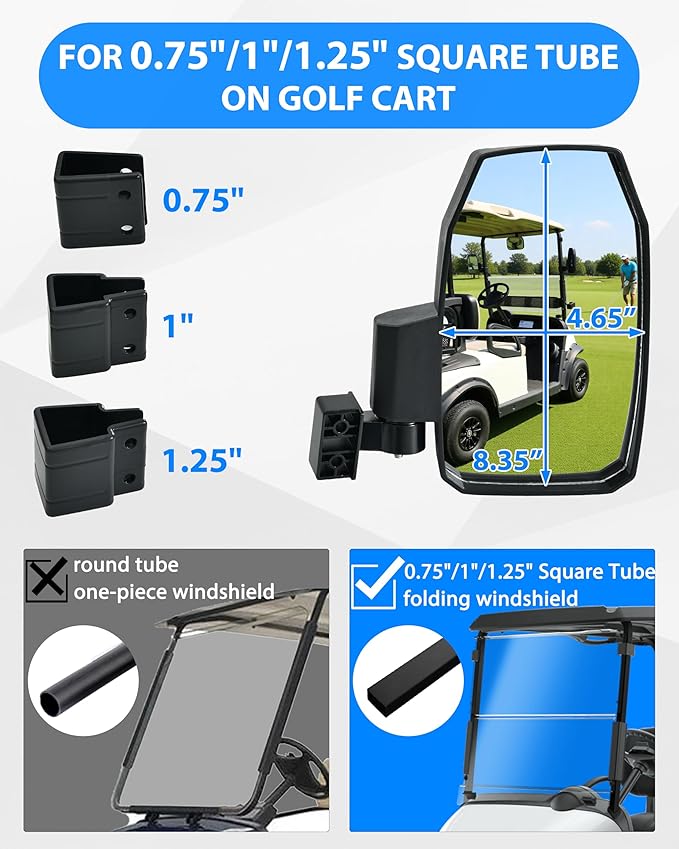 SAUTVS Adjustable Side Mirror for Yamaha, Club Car, EZGO, Most Golf Cart with 0.75"/1"/1.25" Square Tube Roof Bracket, Universal Folding Side Rear View Mirrors Accessories, No Drilling Required
