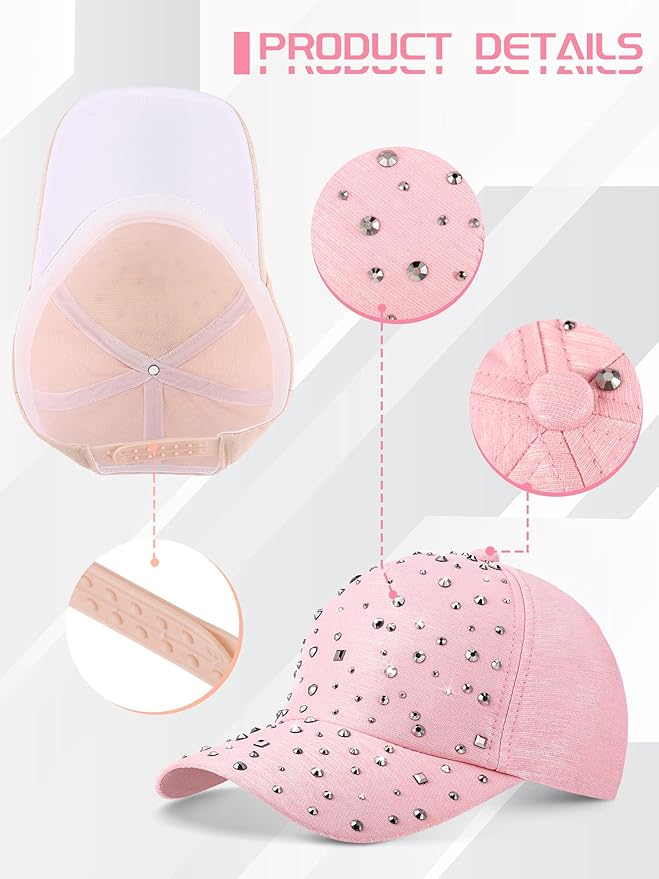 Loopeer 2 Pcs Adjustable Breathable Rhinestone Baseball Cap for Women Men Sequins Casual Sports Cap Rhinestone Hat