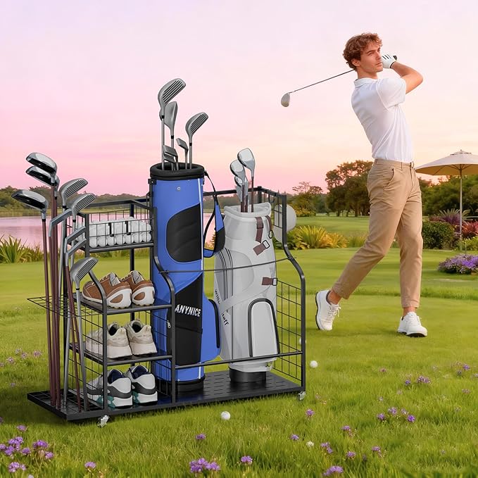 Golf Bag Storage Organizer with Wheels, Garage Golf Equipment Rack for 2 Golf Bags, Clubs, Shoes & Accessories Heavy Duty Metal Stand for Garage, Basement, Home or Shed