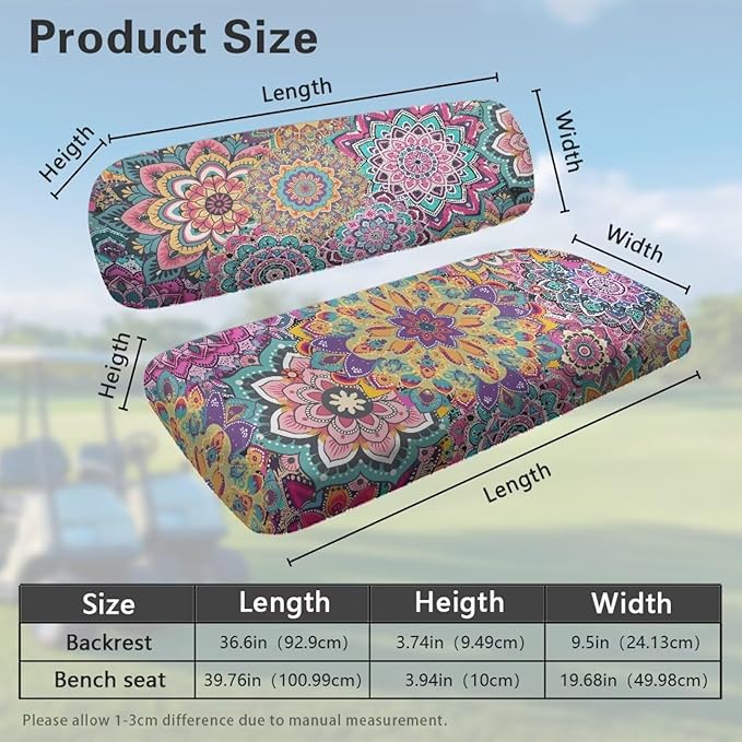 Bulopur Boho Mandala Golf Cart Towel Seat Cover Non-Slip Breathable Golf Car Cushion Cover and Backrest Cover 2 Pack Golfcart Accessory for Women Girly Golfer Gifts