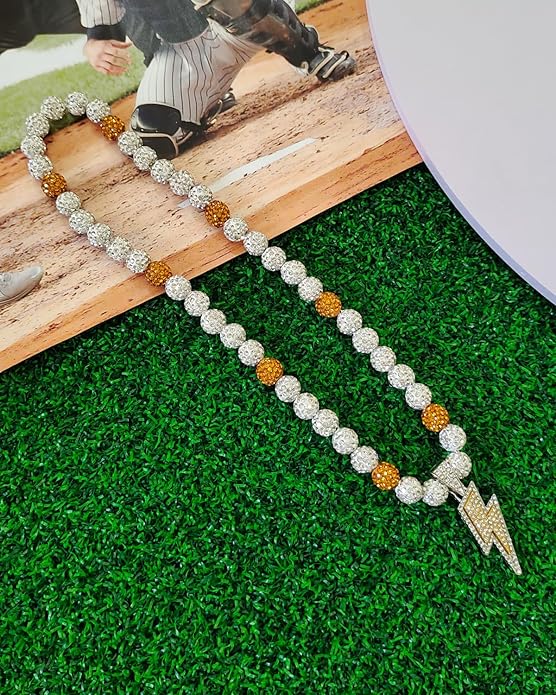 Baseball Necklace for Men 16/18/20 Inch Bling Ice Collection Lightning Bolt Pendant Necklace for Women Rhinestone Clay Beaded Discoball Accessories Gifts for Baseball Team Players Lovers