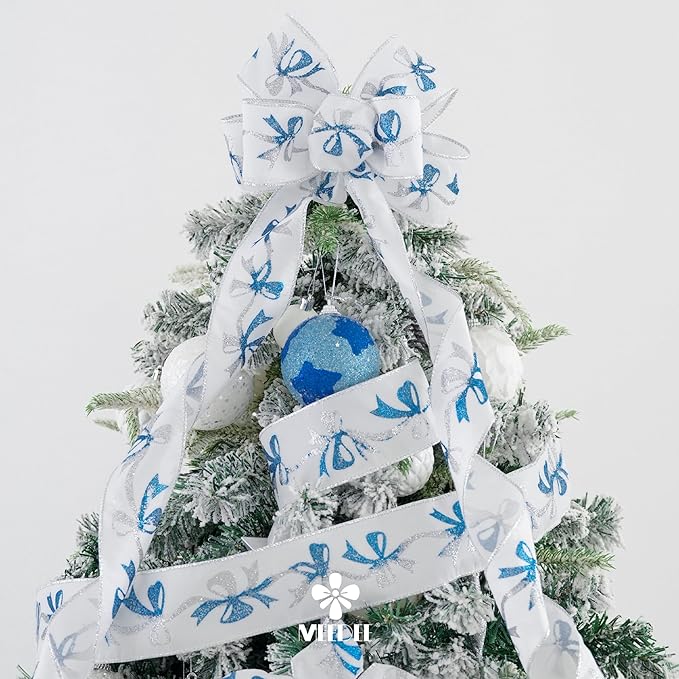MEEDEE Blue & Silver Christmas Ribbon, 2.5 Inch Wired Satin Ribbon - Image 4