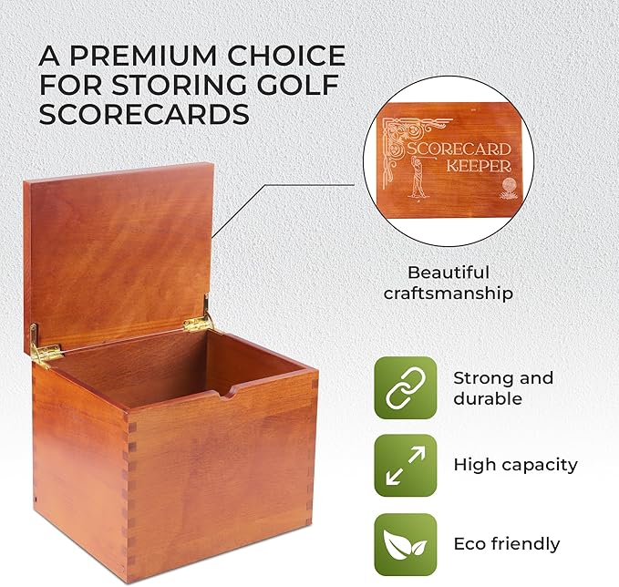 Golf Scorecard Keeper - Storage Box Organizer for Scorecards Photos and Accessories | Comes with 10 Dividers and 2 Score Logs - Display Golf Score Card Collection Neatly - Great Gift for Golfers
