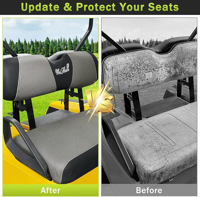Golf Cart Seat Covers Front and Rear Set for EZGO TXT EZGO RXV Club Car DS After 2000 Front Seat Cover & Aftermarket Regular Back Seat Cushion Covers Black&Gray