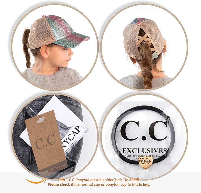 C.C Ponycap Messy High Bun Ponytail Adjustable Glitter Mesh Trucker Baseball Cap