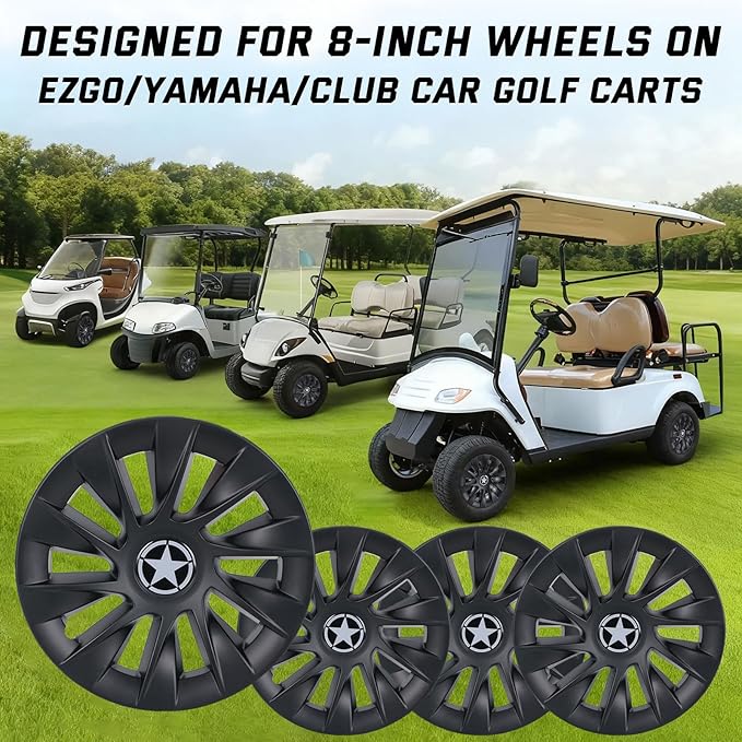 8 Inch Golf Cart Hub Caps Wheel Covers for EZGO Club Car Yamaha Accessories, Snap-On Plastic Hubcaps Set of 4, Silver Chrome Finish for Most 8" Wheels (Matte Black)