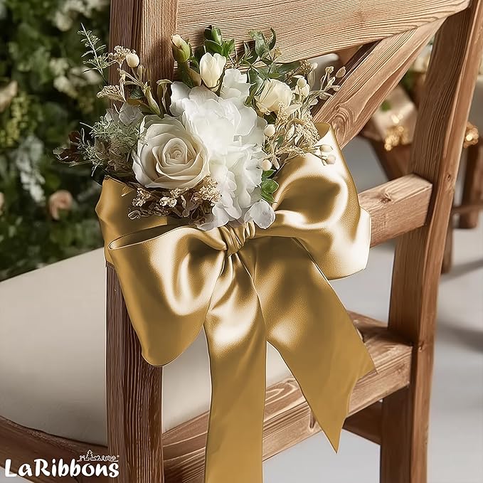LaRibbons Pale Gold Satin Ribbon 3 Inch 10 Yards Double Faced Luxury Pale Gold - Image 4