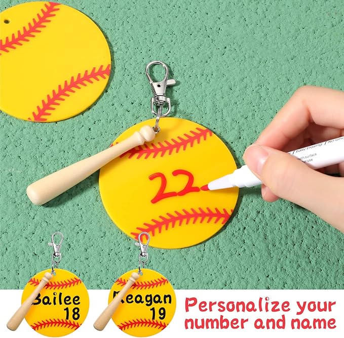 Cunno 36 Pcs Basketball Baseball Softball Tennis Acrylic Keychain Blank Kit 12 Acrylic Keyring 12 Swivel Snap Hook Keychain(Yellow Baseball, 3 Inch)