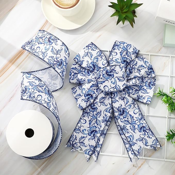 Blue White Floral Wired Edge Ribbon Roll Vintage Watercolor Flower Craft Ribbon - Image 3