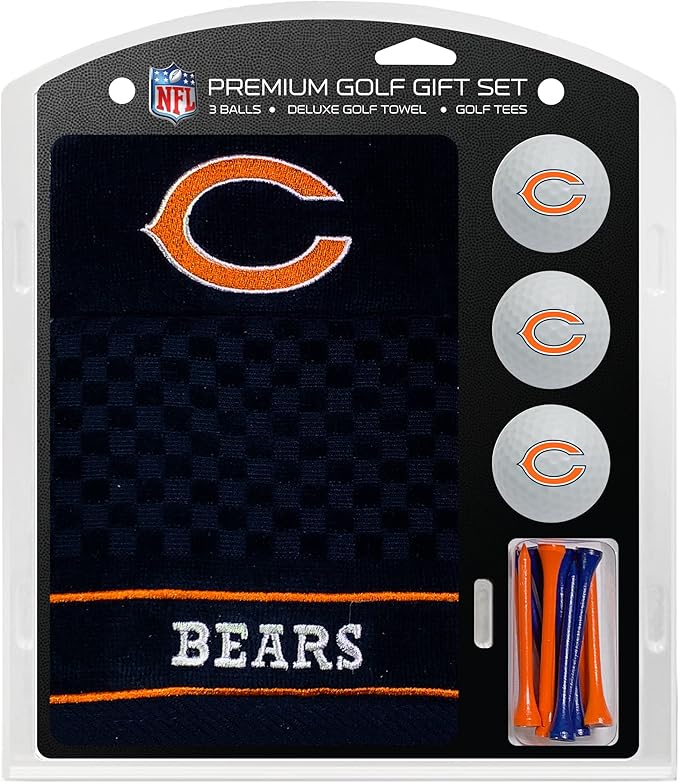 Team Golf NFL Chicago Bears Gift Set: Embroidered Golf Towel, 3 Golf Balls, and 14 Golf Tees 2-3/4" Regulation, Tri-Fold Towel 16" x 22" & 100% Cotton