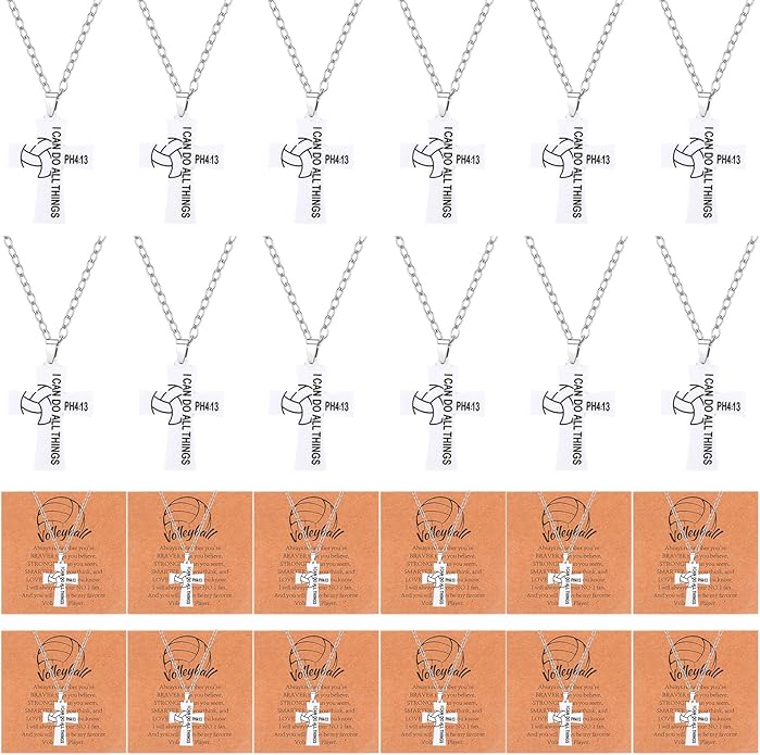 Tondiamo 24 Set Basketball Volleyball Cross Necklace with Card Sport Party Favors Charms Team Gift Bulk Religious Cross Necklace Christian Coach Gifts Jewelry for Sport Player Fans Men