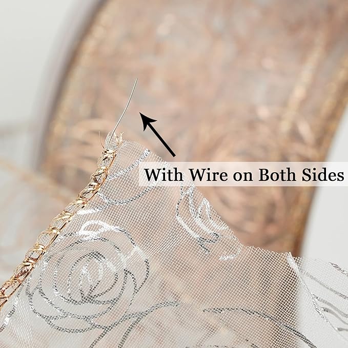 MEEDEE Floral Rose Wired 2.5 Inch Rose Gold Organza Sheer Ribbon, Wedding - Image 3