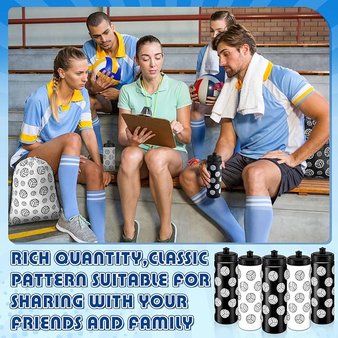 Funnymoom 12 Pcs Volleyball Water Bottle Drawstring Bag Set with 50 Sticker Volleyballs Party Favors 6 Reusable Sports Squeeze Water Bottle 20oz 6 Volleyballs Goodie Gift Bag