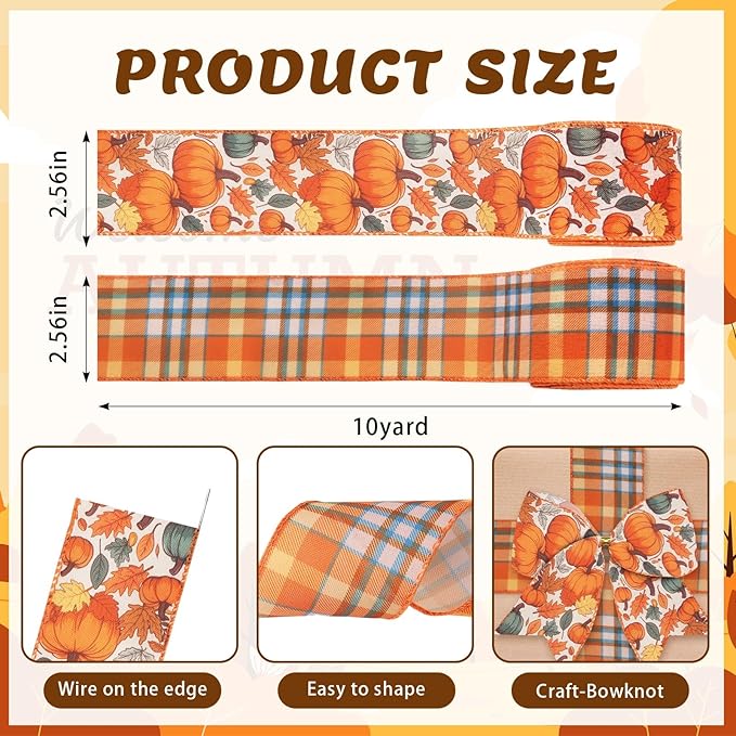 2 Rolls Fall Pumpkins Ribbons for Bows, Thanksgiving Wired Edge Burlap Ribbon - Image 2