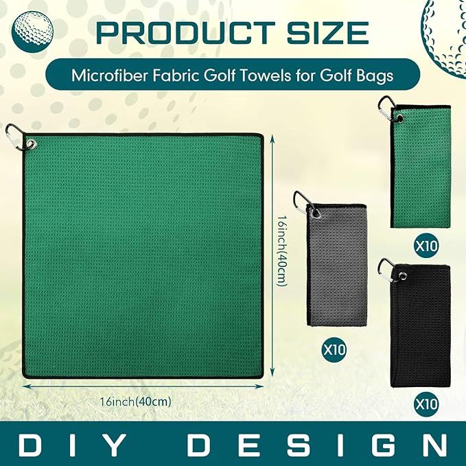 Batiyeer 30 Pcs Golf Towels Bulk for Bags 16'' x 16'' Microfiber Fabric Golf Towel with Clip Waffle Pattern for Men Mini Tournament Fitness Yoga Camping(Black,Gray,Green)