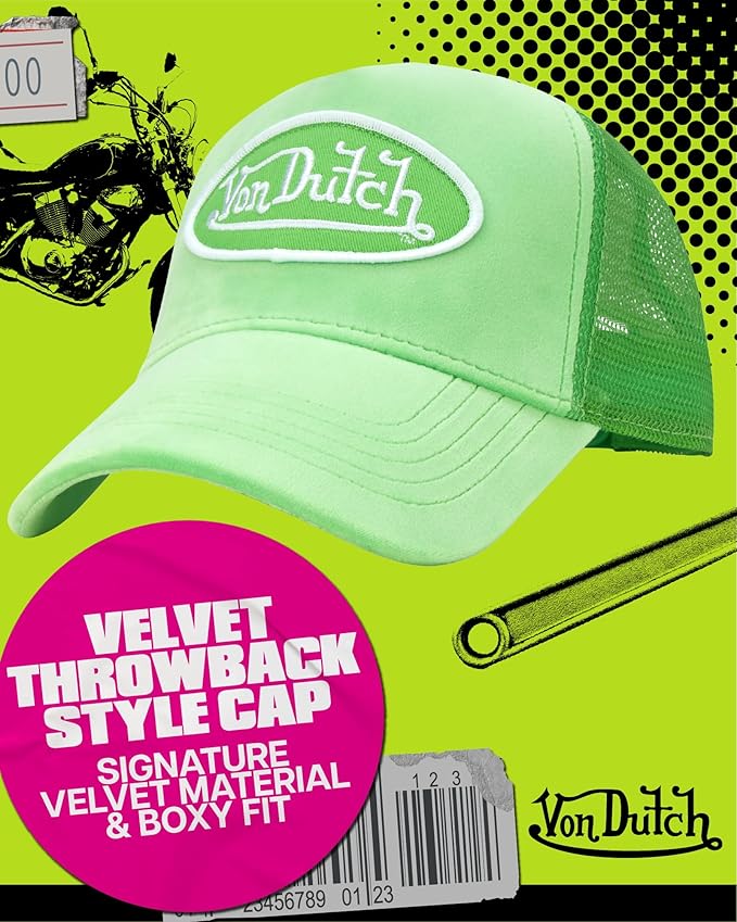 Von Dutch Unisex Trucker Hat - Velvet Curved Bill Mesh Back Retro Classic Adjustable Snapback Baseball Cap for Men and Women