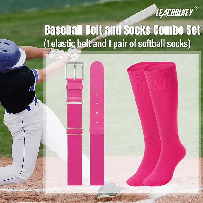 LEACOOLKEY Baseball Belt and Socks Combo Set Adjustable Softball Socks and Elastic Belt for Youth and Adult