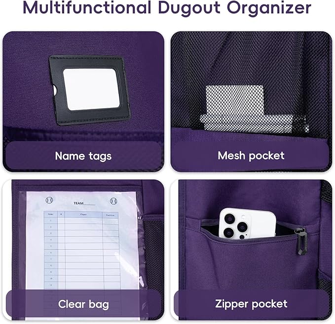 KAVIGOR Baseball/Softball Dugout Organizer - 15+ Helmet & Glove Storage Bag, Military-Grade 900D Fabric & 6 Reinforced Steel Hooks