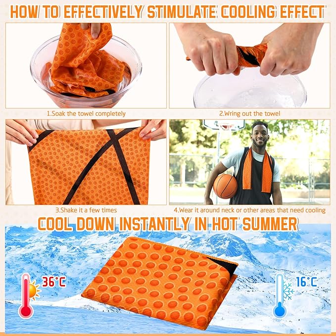 24 Pcs Sports Cooling Towels Baseball Basketball Softball 40 x 12 Inch Breathable Soccer Football Volleyball Microfiber Ice Towel Fast Drying for Sport Party Favors Team Gift(Orange,Basketball)