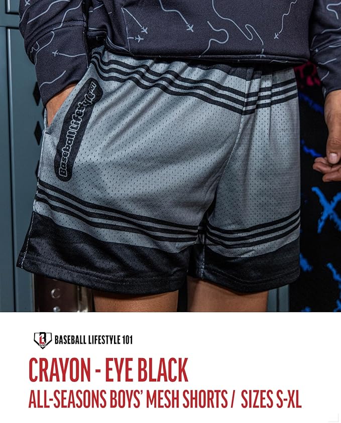 Baseball Lifestyle 101 Boy's Crayon Mesh Shorts w/Side Pockets and Elastic Waist, 5 in Inseam, Youth Sizes S-XL