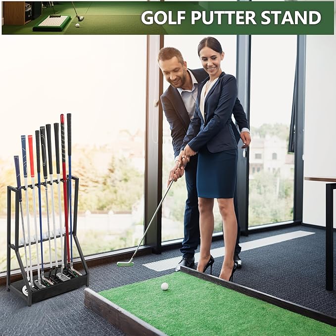 Golf Club Holder for 9 Clubs & 9 Balls, Solid Wood & Iron Golf Organizer, Golf Putter Holder Floor Stand, Golf Club Stand Suitable for Golf Simulators｜Golf Course Accessories