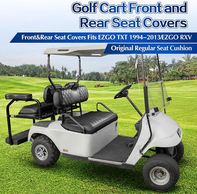 NOKINS 4PCS Golf Cart Diamond Seat Covers Kit,Front and Rear Seat Covers for Club Car Precedent/EZGO TXT/Yamaha Original Regular Seat Cushion (Black&Black Stitching, Fit EZGO TXT 1994-2013)