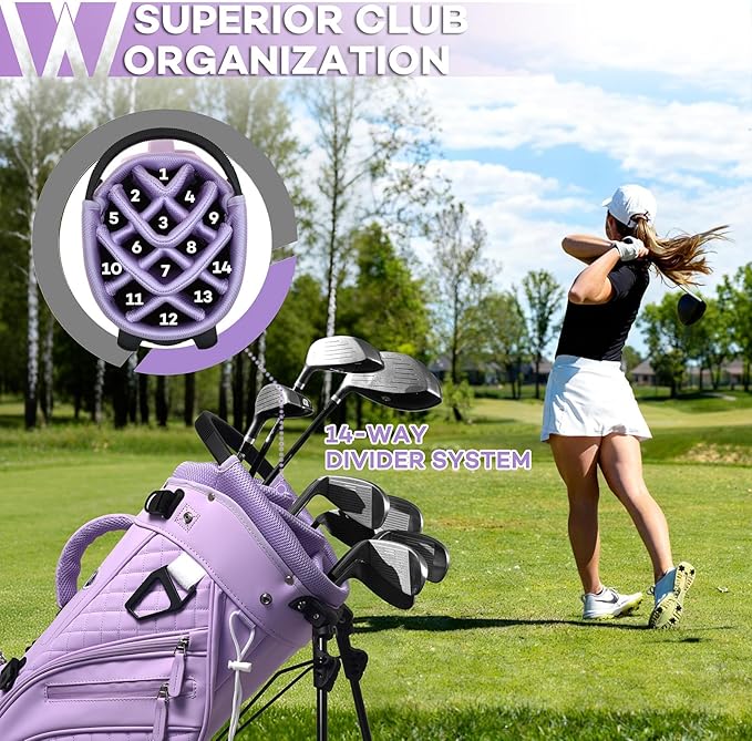 Luxury Womens Golf Bag, PU Leather Golf Stand Bag for Women/Ladies, 14-Way Full-Length Top Dividers, Ultra Lightweight, Large Pockets for Accessories