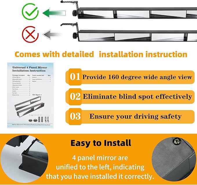 Golf Cart Rear View Mirror 4 Panel Universal for Yamaha EZGO Club Car, Wide Angle View Wink Mirror, Eliminate Blind Spots