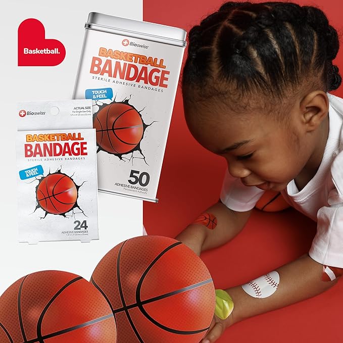 BioSwiss Bandages, Basketball Shaped Self Adhesive Bandage, Latex Free Sterile Wound Care, Fun First Aid Kit Supplies for Kids, 50 Count