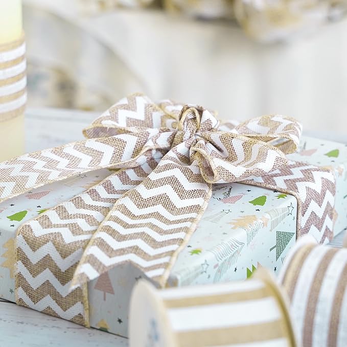 MEEDEE Burlap Ribbon with White Chevron Pattern - Image 4