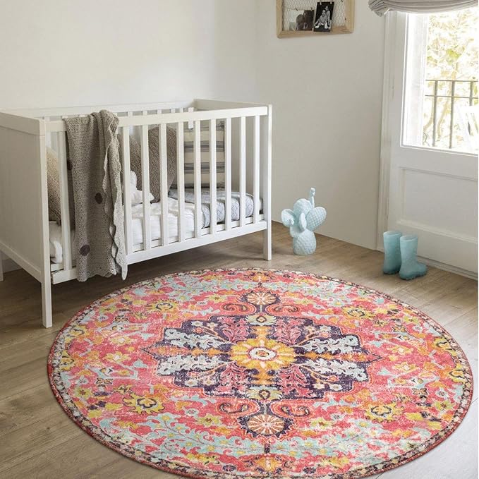 Lahome Bohemian Floral Medallion Round Rug - 4Ft Hot Pink Soft Round Area Rug - Image 4