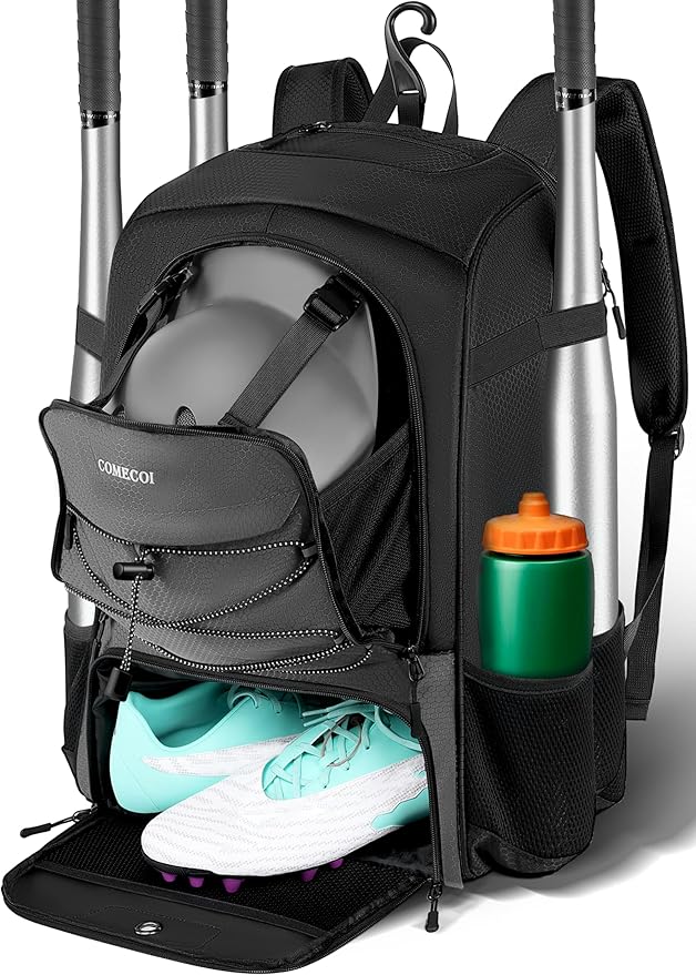 COMECOI Baseball Bag, Baseball Backpack with Helmet Shoes Bag for Youth, Adult, Lightweight Softball Bag with Fence Hook Hold TBall Bat, Baseball Glove, Helmet, Caps, All Gear