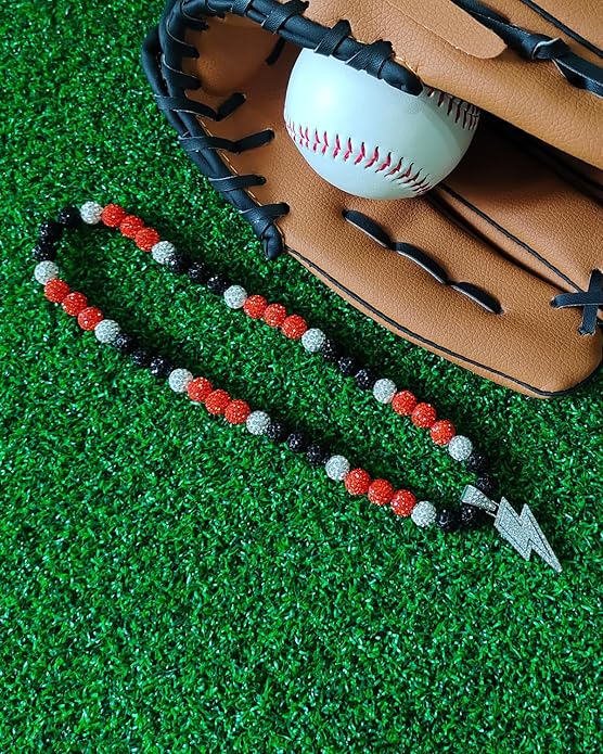 Baseball Necklace for Men 16/18/20 Inch Bling Ice Collection Lightning Bolt Pendant Necklace for Women Rhinestone Clay Beaded Discoball Accessories Gifts for Baseball Team Players Lovers