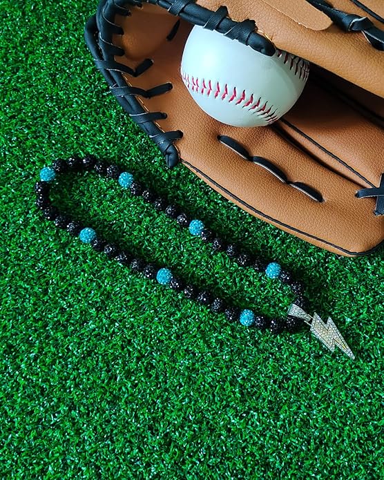 Baseball Necklace for Men 16/18/20 Inch Bling Ice Collection Lightning Bolt Pendant Necklace for Women Rhinestone Clay Beaded Discoball Accessories Gifts for Baseball Team Players Lovers