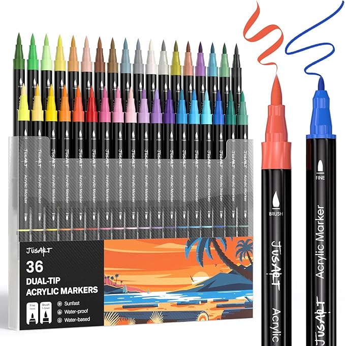 JusArt 36 Colors Dual Tip Acrylic Paint Pens Markers, Brush and Fine Tip by JusArt