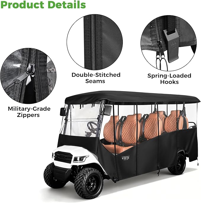 10L0L 2/4/8 Passenger Golf Cart Enclosure for Club Car Precedent/Tempo/Onward, 600D Waterproof Golf Cart Rain Cover, Driving Enclosure with 4-Sided Clear Windows Roll-up Door Black -Roof 58"-141"