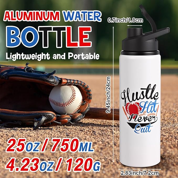 Hushee 12 Pcs 25 oz Baseball Water Bottles Bulk Aluminum Sport Bottles with Leakproof Lid Baseball Gift for Team Men Players Fan Coach(Hustle Hit)