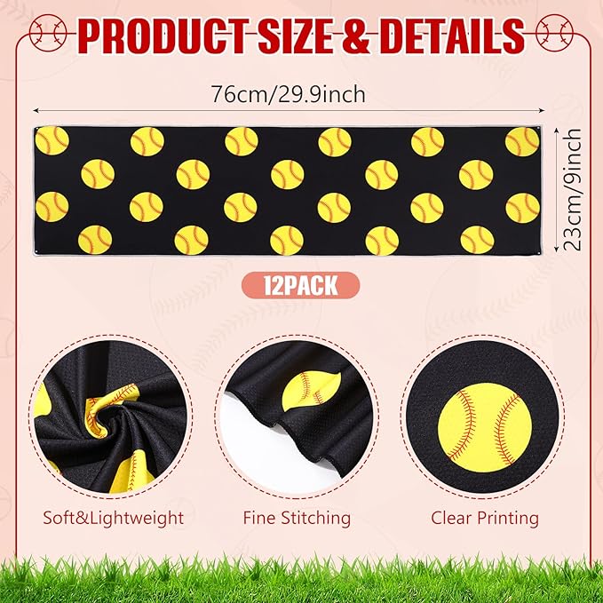 Peryiter 12 Counts Mini Cooling Towel, 30" x 9" Baseball Softball Soccer Golf Sweat Towel, Breathable Chilly Rag, Microfiber Sport Rags for Team Gym Running Coach Gift