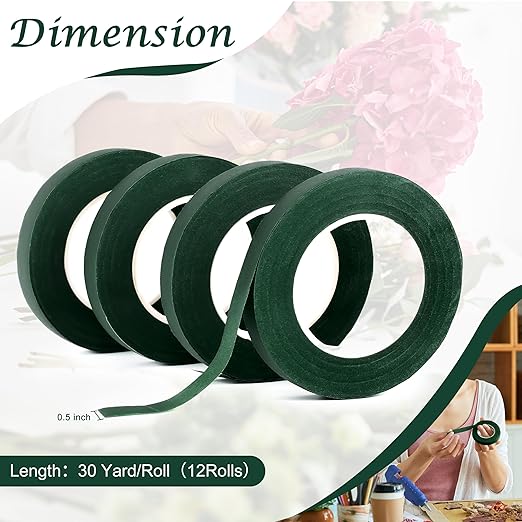 DF DUALFERV 12 Rolls Dark Green Floral Tape Stem Wrap, 1/2" Wide Flower Tape - Image 2