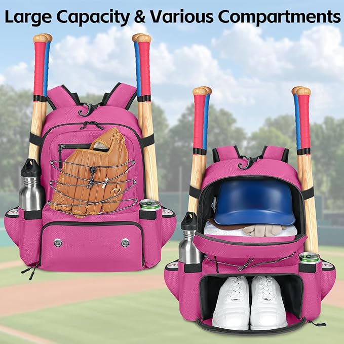 MATEIN Baseball Bat Bag for 4 Bats with Ball Pocket, Lightweight Youth Baseball Backpack with Shoe Compartment, Large Capacity Softball Equipment Bag with Fence Hook for TBall Gear, Helmet, Glove