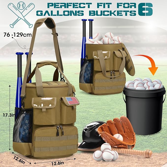 RAINSMORE Baseball Bucket Bag Baseball Coaches Accessories Organizer with Insulation Pocket Tactical Softball Bag with Anti-Slip Bottom, Multiple Pockets for Bat, Gloves, Scoreboards