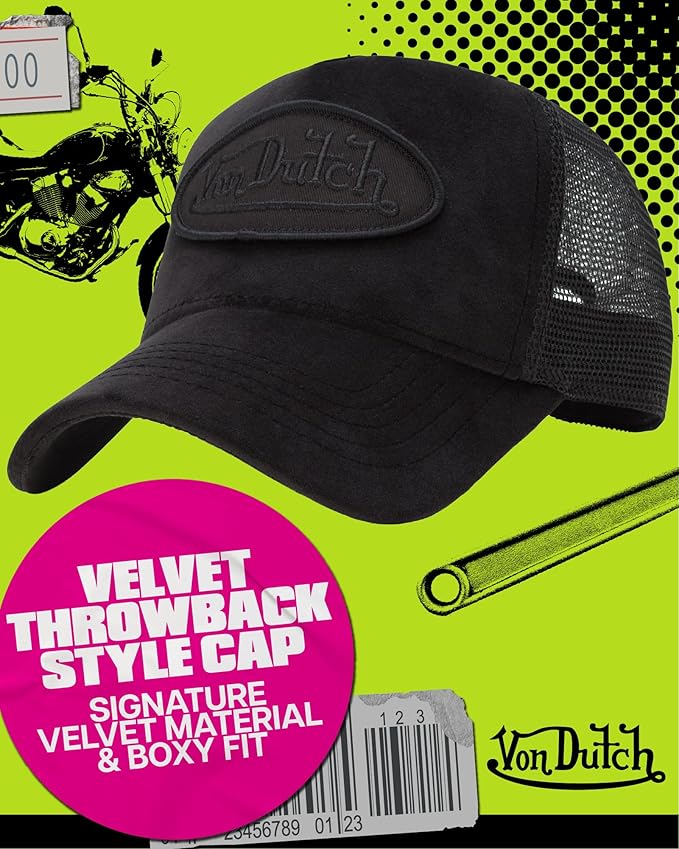 Von Dutch Unisex Trucker Hat - Velvet Curved Bill Mesh Back Retro Classic Adjustable Snapback Baseball Cap for Men and Women