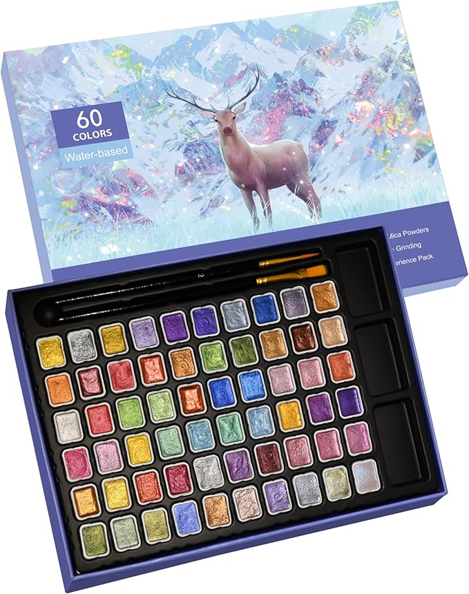 Mini Shimmer Watercolor Paint Set, 60 Colors Glitter Metallic Watercolour by GlisDyck