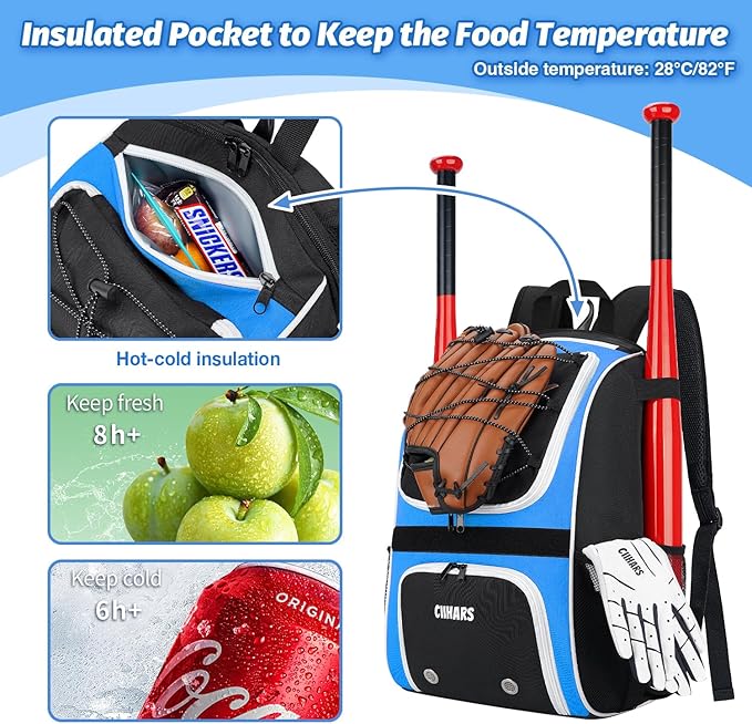 Youth Baseball Bag - Baseball Backpack Bat & Glove Holder, T-Ball & Softball Equipment & Gear,Large Main Compartment for Helmet & accessories, Fence Hook，Insulation Pocket