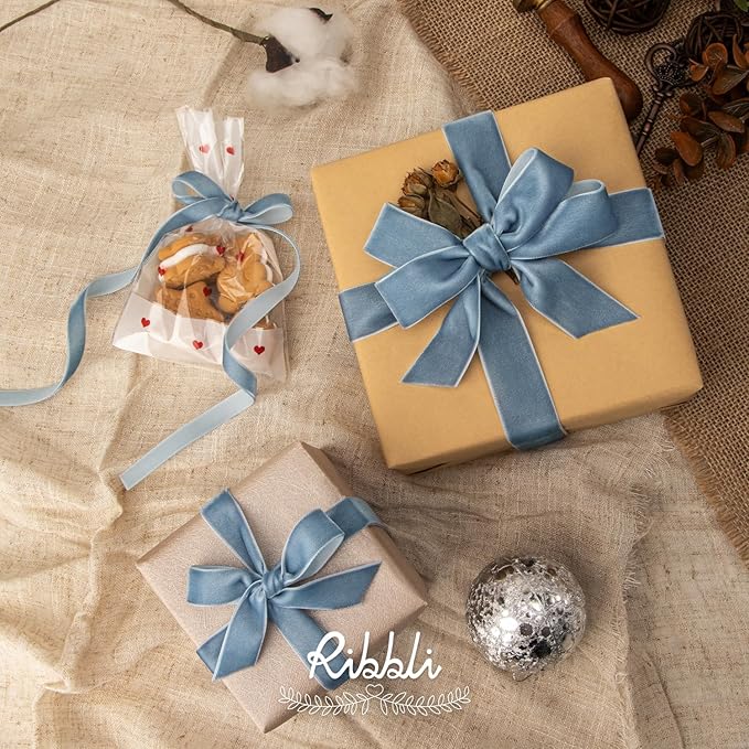 Ribbli Dusty Blue Velvet Ribbon 1 Inches Continuous10 Yard Spool Blue Christmas - Image 2
