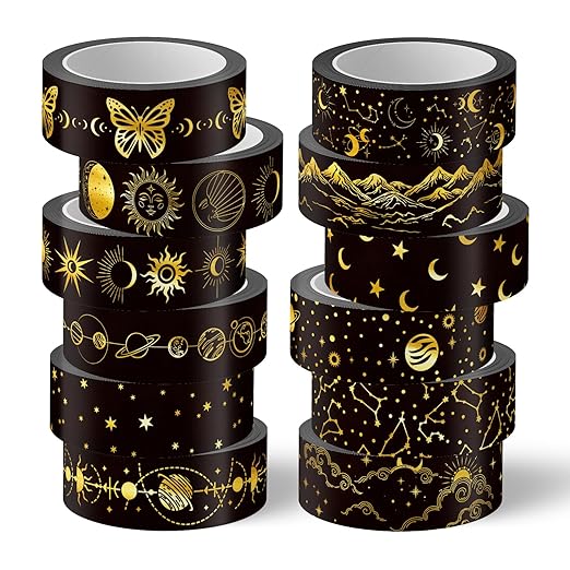 Whaline 12 Rolls Gold Foil Galaxy Washi Tape Black Gold Sun Moon Star Masking by Whaline