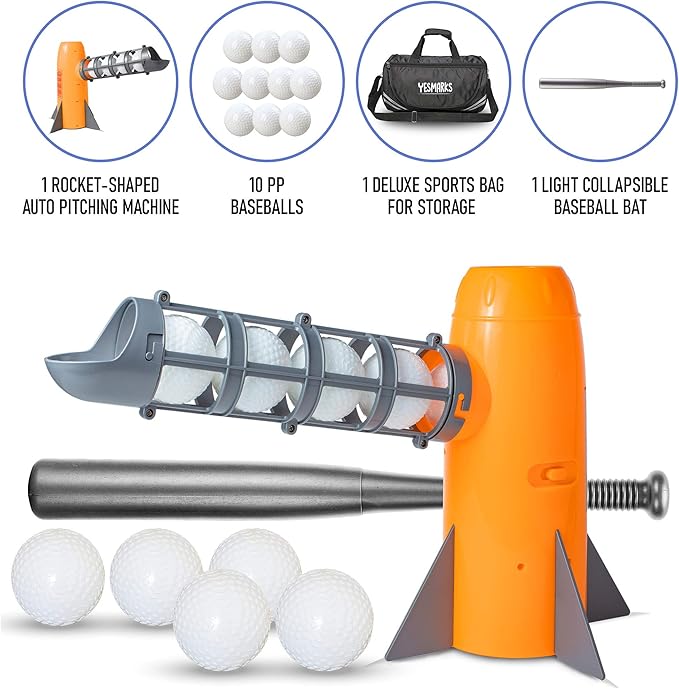 YESMARKS Kids Auto Baseball Pitching Machine Outdoor Toy Set - Training Equipment & Batting Practice Toys for Youth, Includes 10 Baseballs, Baseball Bat and Sports Bag